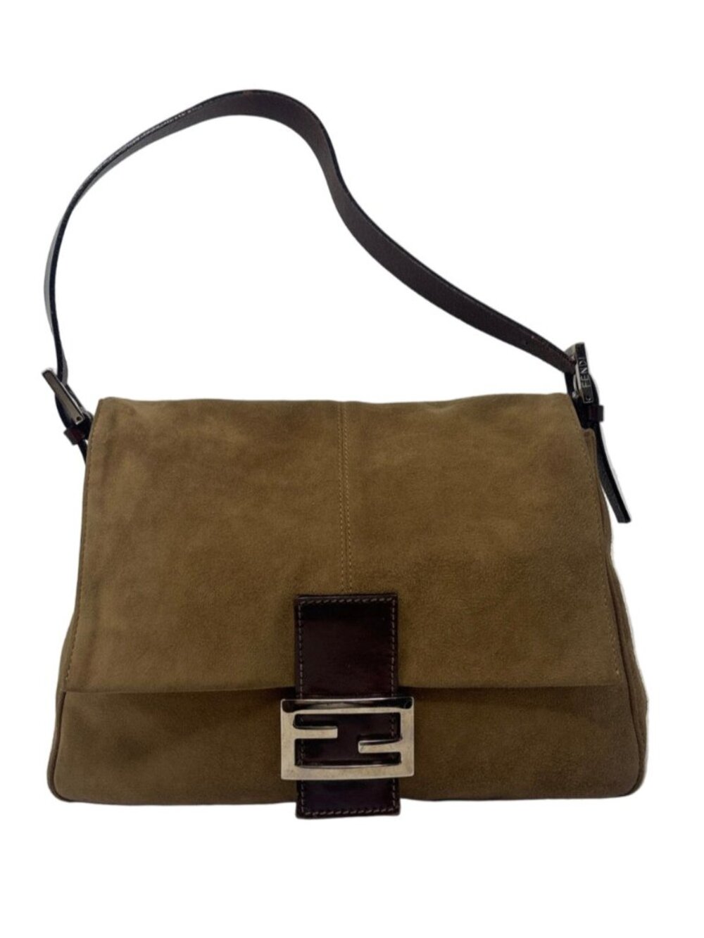 Fendi Brown Suede Baguette Bag with Chocolate leather strap & silver FF closure